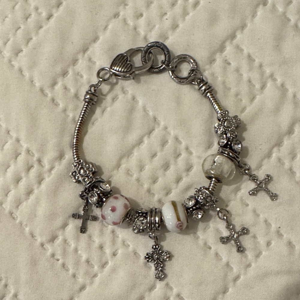 Silver-Tone Charm Bracelet with Crosses and Other Beads